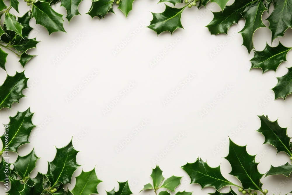 Christmas background, A festive arrangement of holly leaves framed on a light background, perfect for holiday decorations or seasonal greetings. Christmas background, A festive arrangement of holly leaves framed on a light background, perfect for holiday decorations or seasonal greetings.
