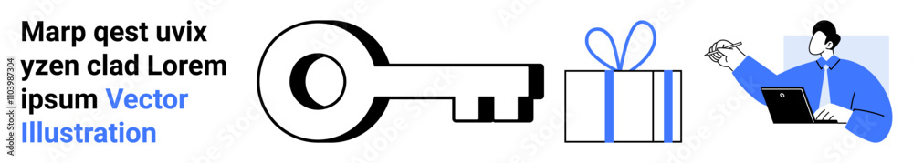 Large key, gift box with ribbon, person in business suit using laptop and writing. Ideal for concepts of security, access, presents, business, technology, online learning and professional Large key, gift box with ribbon, person in business suit using laptop and writing. Ideal for concepts of security, access, presents, business, technology, online learning and professional
