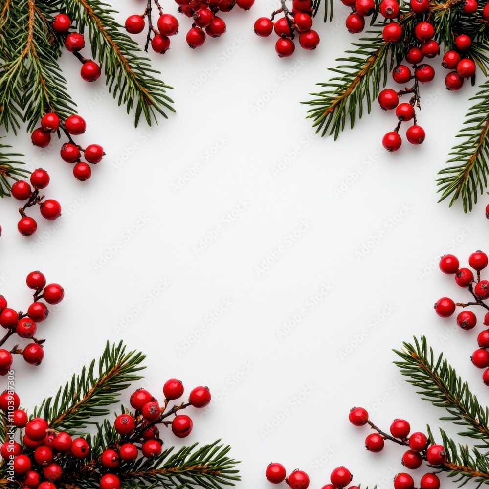 Christmas background, A festive arrangement of red berries and evergreen branches forms a circular frame on a clean, white background, perfect for holiday decorations. Christmas background, A festive arrangement of red berries and evergreen branches forms a circular frame on a clean, white background, perfect for holiday decorations.