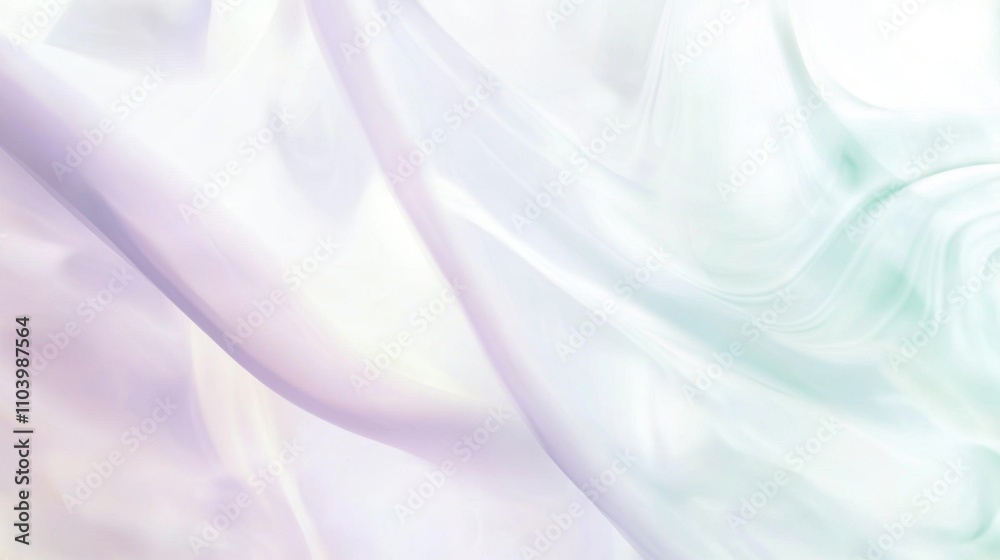 Obraz premium A tranquil design with swirling mist in opalescent tones of pearl white, soft lavender, and pale teal. Subtle light refractions shimmer through the fog, evoking the calm of a sunrise over a hidden val