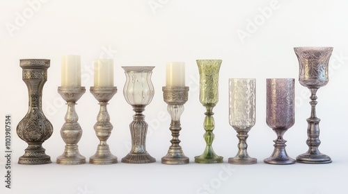 Festive Holiday Candle Holders - 3D Rendered Glass and Metal Collection on Isolated White Background