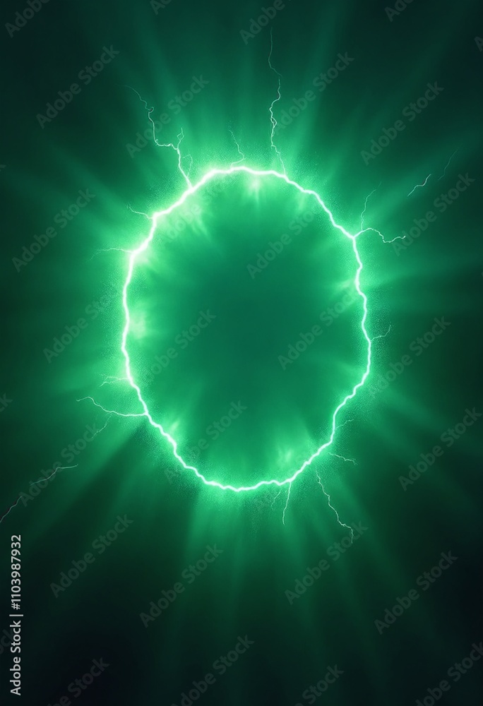 Obraz premium Green abstract plasma lightning ring with glowing particles swirling in dark sky fantasy concept art