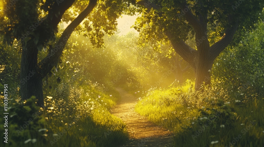 Fototapeta premium A lush green forest bathed in golden sunlight, with a path leading into the distance. hd resolution.