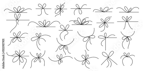 Vector hand drawn ribbon bow outline set on transparent background