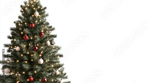Festive Christmas Tree 3D Render with Ornaments and Lights on White Background