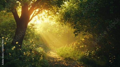 A lush green forest bathed in golden sunlight, with a path leading into the distance. hd resolution.