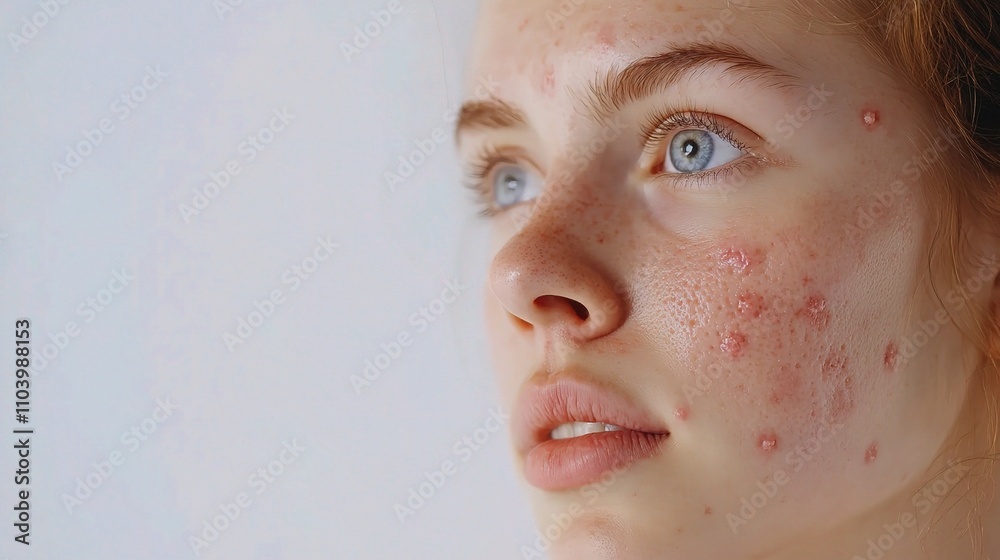 Close-Up Portrait of Young Woman with Acne on Clear Background Close-Up Portrait of Young Woman with Acne on Clear Background