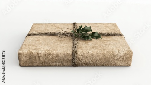 Festive Holiday Gift Wrapped in Textured Paper and Twine with Holly Sprig Detail on White Background - Ultra-Detailed 3D Render Illustration