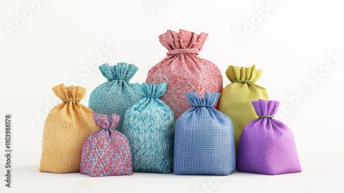 Vibrant Assortment of 3D Holiday Gift Bags on Isolated White Background for Present Wrapping and Festive Gifting, Ultra-Detailed Render