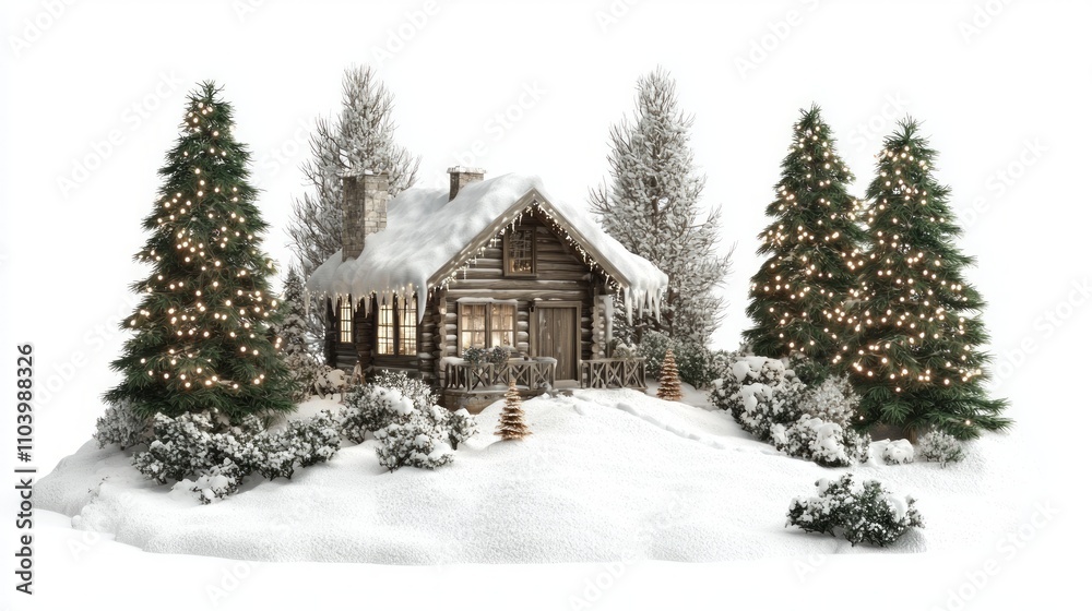 Naklejka premium Winter Wonderland: Cozy Cabin in Fresh Snow with Twinkling Lights - Ultra-Detailed 3D Render Illustration