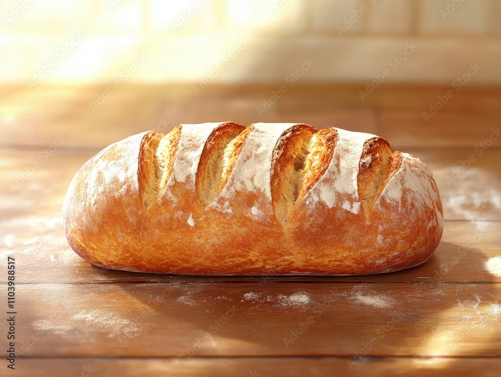 Freshly Baked Rustic Bread Loaf Wooden Table Home Kitchen Food Cozy Atmosphere Close-Up Culinary Delight Freshly Baked Rustic Bread Loaf Wooden Table Home Kitchen Food Cozy Atmosphere Close-Up Culinary Delight