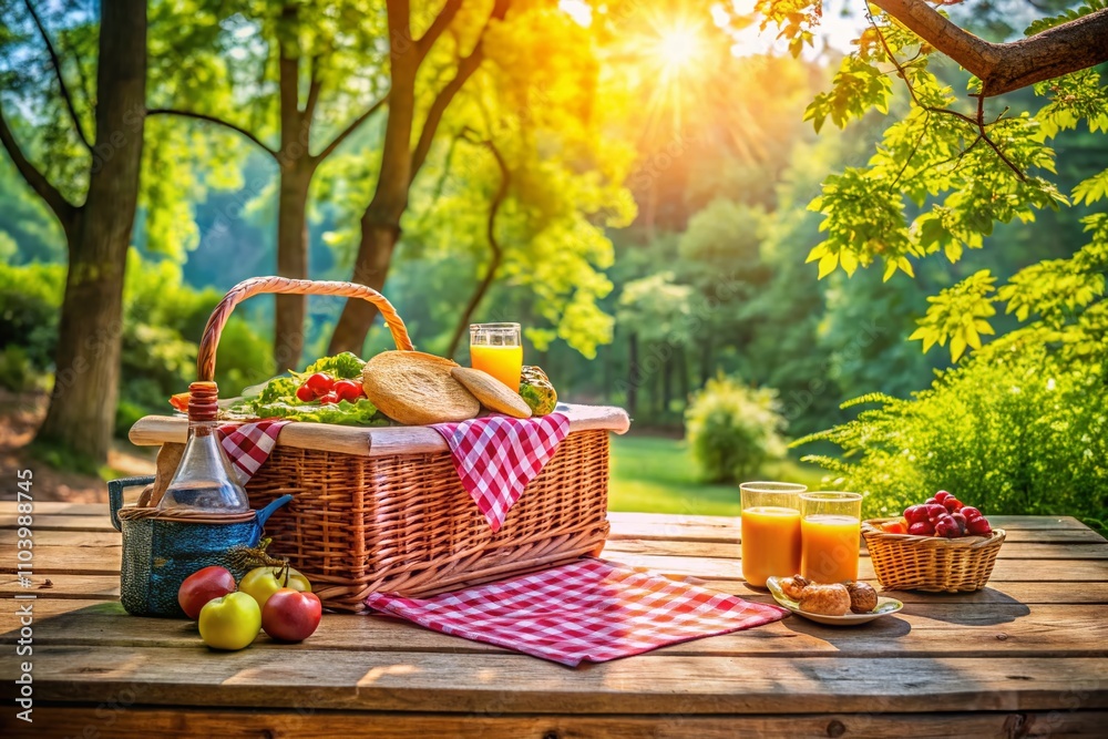 Wicker Picnic Basket on a Rustic Picnic Table at a Scenic Campsite Surrounded by Lush Nature and Vibrant Greenery, Perfect for Outdoor Gatherings and Relaxation Wicker Picnic Basket on a Rustic Picnic Table at a Scenic Campsite Surrounded by Lush Nature and Vibrant Greenery, Perfect for Outdoor Gatherings and Relaxation