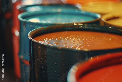 Close-up of a row of colorful paint barrels with water droplets on the surface. photo