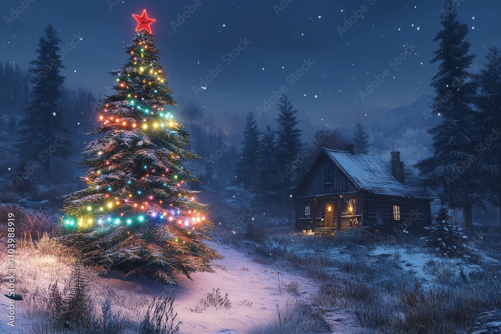 Christmas tree with colorful lights, red star on top, standing in snow in front of an old wooden house at night, surrounded by pine trees. Christmas tree with colorful lights, red star on top, standing in snow in front of an old wooden house at night, surrounded by pine trees.