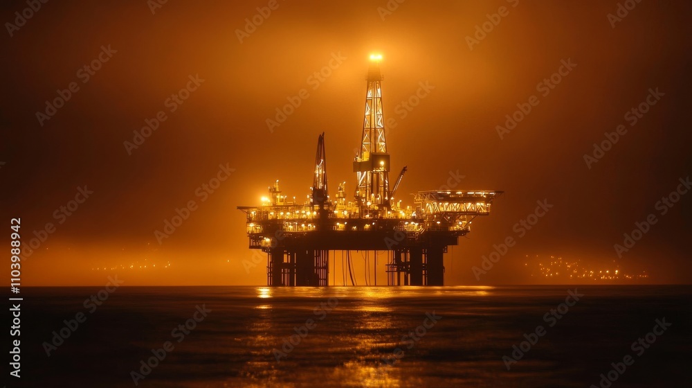 Oil rig illuminated at night in foggy ocean waters near coastal city Oil rig illuminated at night in foggy ocean waters near coastal city
