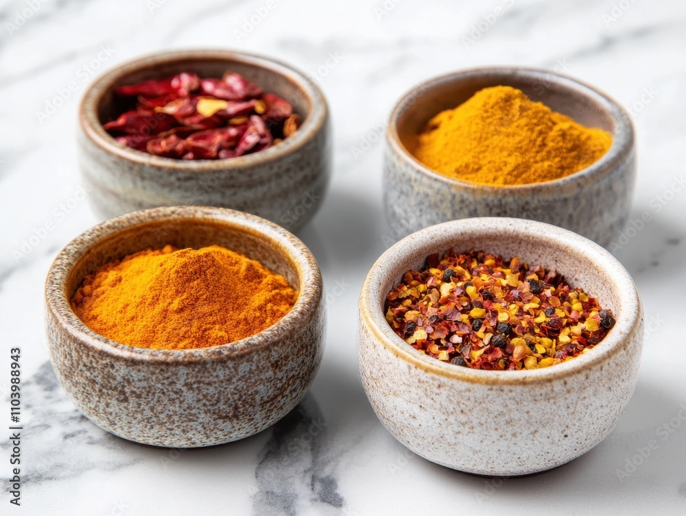 Vibrant Display of Colorful Spices in Small Ceramic Bowls Kitchen Food Bright Environment Top-Down Culinary Art Vibrant Display of Colorful Spices in Small Ceramic Bowls Kitchen Food Bright Environment Top-Down Culinary Art