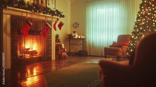 Warm holiday ambiance in a nostalgic 1980s Christmas living room with fireplace and decorations photo