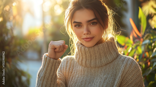 woman doing fist pump, warm sunlight in background, gender equality, woman day, woman history month, generative ai photo