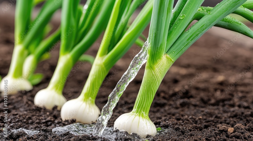Fototapeta premium Nurturing green onions in a vibrant garden with a hose on a sunny day