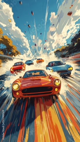 A poster featuring colorful cartoon cars in motion, illustrated in a simple, playful style. the cars are shown from different angles, with dynamic lines and exaggerated speed effects