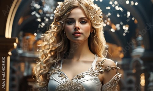 Regal elegant lady adorned with crystal-encrusted foliage video animation. Noble grace. Female aristocratic animated footage HD motion graphics. Queen, princess. Royal fantasy concept