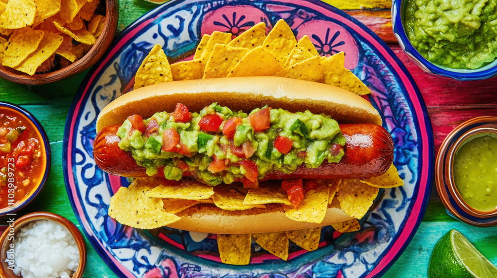 Delicious spicy Mexican hot dog served with fresh guacamole and crunchy nachos on a vibrant plate Delicious spicy Mexican hot dog served with fresh guacamole and crunchy nachos on a vibrant plate