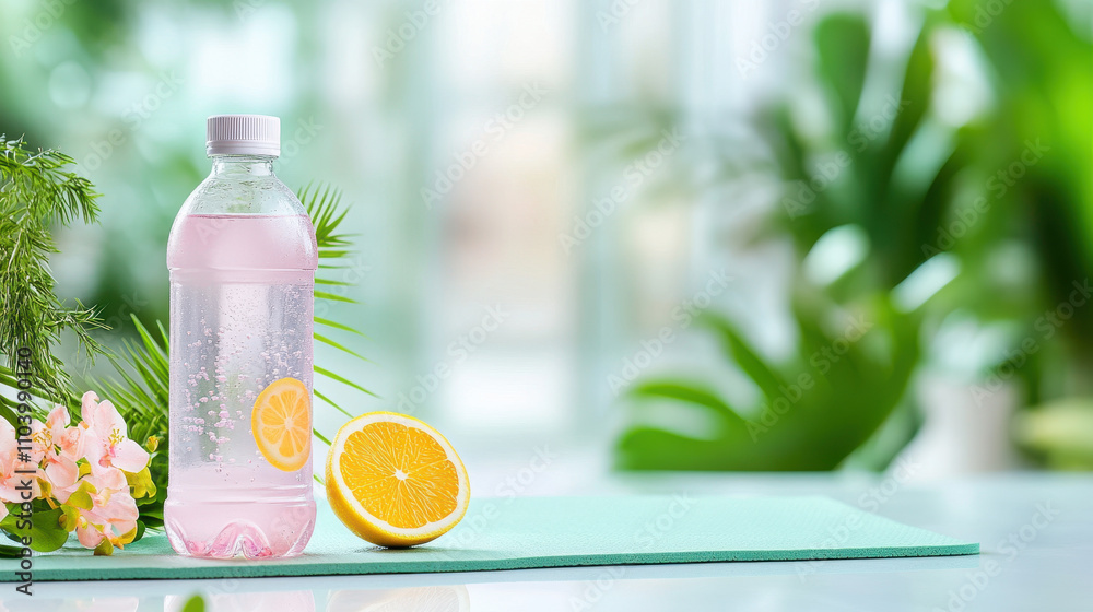 Refreshing sports drink bottle next to yoga mat with lemon. Perfect for hydration during workouts, surrounded by greenery and flowers Refreshing sports drink bottle next to yoga mat with lemon. Perfect for hydration during workouts, surrounded by greenery and flowers