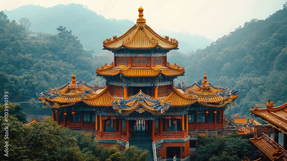 A traditional Asian pagoda surrounded by lush mountains, showcasing intricate architectural design. A traditional Asian pagoda surrounded by lush mountains, showcasing intricate architectural design.