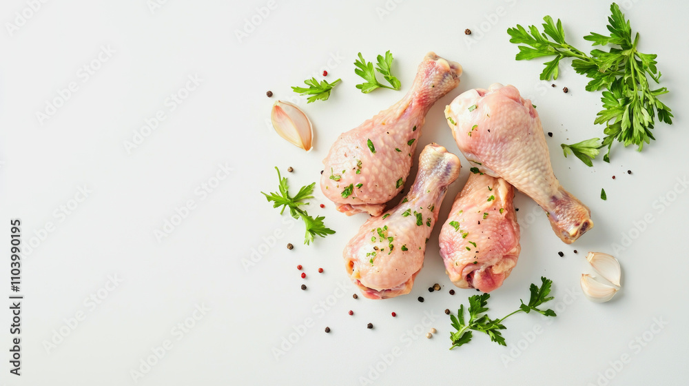 Healthy baked chicken drumsticks with garlic and olive oil on a minimalist background Healthy baked chicken drumsticks with garlic and olive oil on a minimalist background