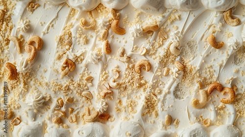 A close-up of a dessert topped with whipped cream and cashews.