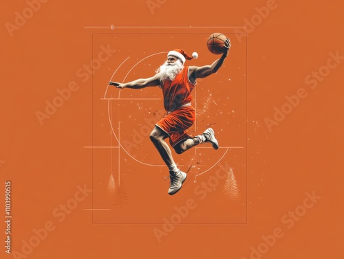 A vector design for a t-shirt, santa claus playing basketball, christmas theme, christmas trees around, minimalistic, 80s retro style