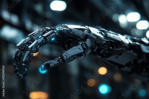 Futuristic Robotic Hand Reaching Out with High-Tech Design and Glowing Lights in a Dimly Lit Industrial Environment