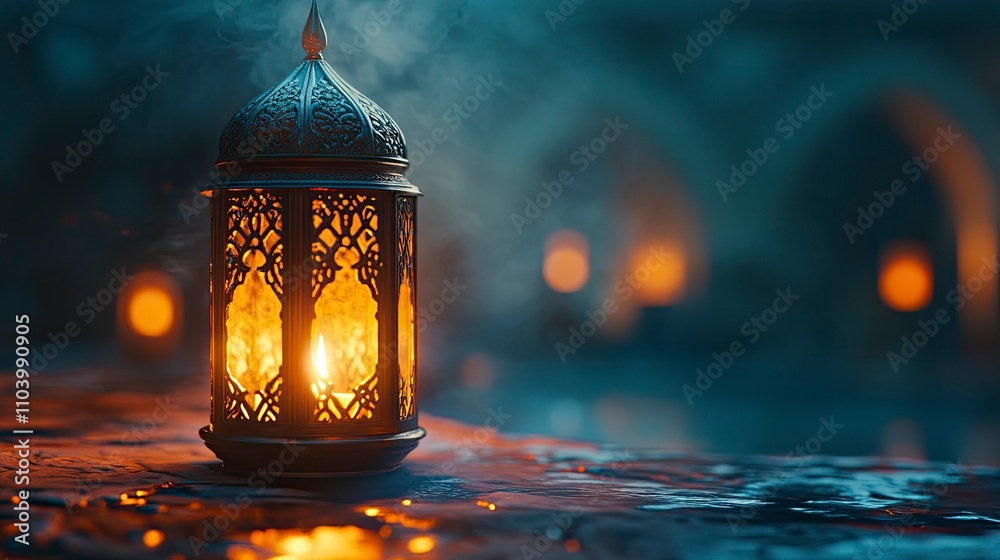 Muslim Holy Month Ramadan Kareem - Hias Arab Lantern Dengan Burning Candle Glowing At Evening Muslim Holy Month Ramadan Kareem - Hias Arab Lantern Dengan Burning Candle Glowing At Evening