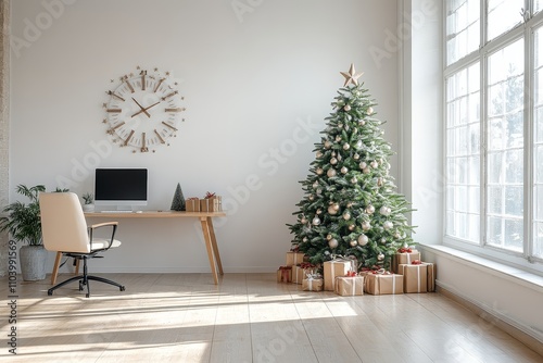 Minimalist office with white walls, wooden floor, desk with computer, small Christmas tree decorated with stars and gift boxes, and a large window. photo