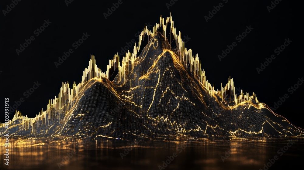 An isolated black and gold mountain made from trading chart lines