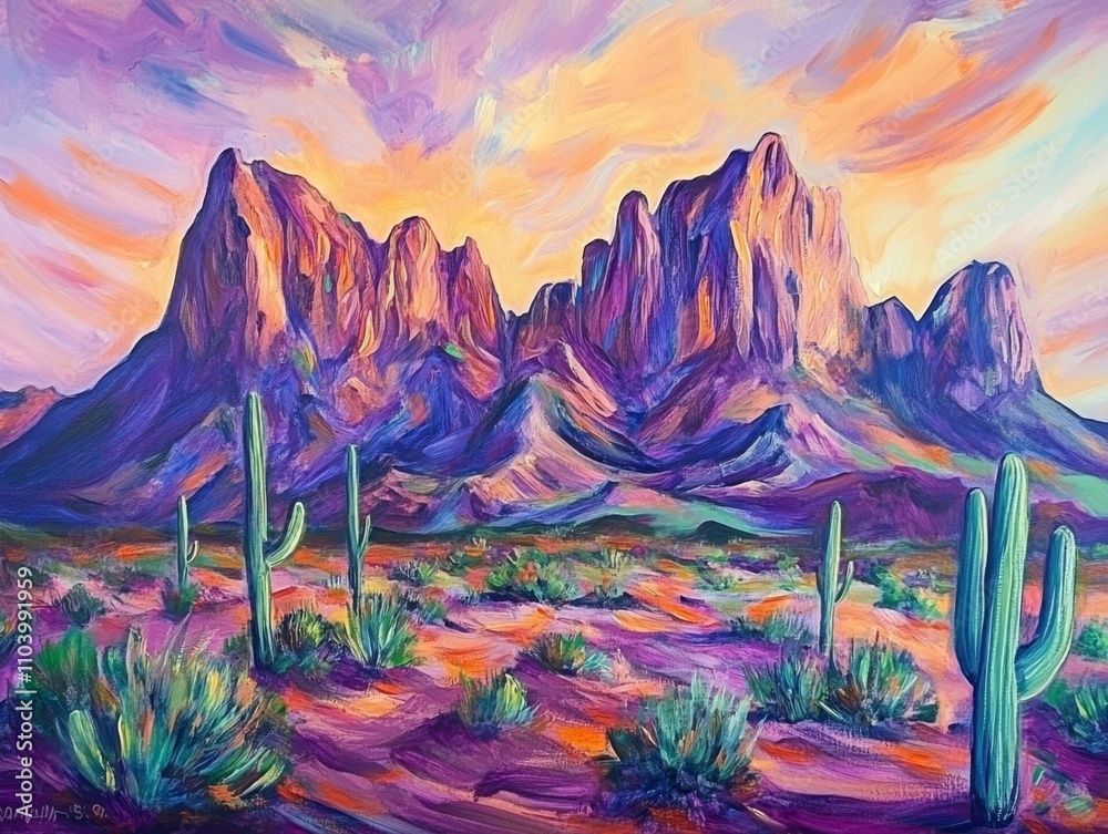 An oil painting of the superstition mountains in arizona, with cacti and shrubs on the flat ground, purple mountains with orange accents, and sunset lighting.