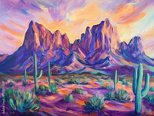 Obraz na płótnie An oil painting of the superstition mountains in arizona, with cacti and shrubs on the flat ground, purple mountains with orange accents, and sunset lighting. w salonie