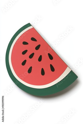 And cute cut out paper collage cardboard sticker of a watermelon slice, reddish pink, dark green and mint green, white background