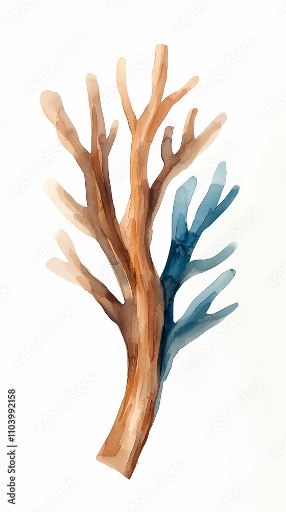 Obraz premium A watercolor depiction of a tree branch with a blend of warm and cool colors, showcasing nature's beauty through artistic expression.