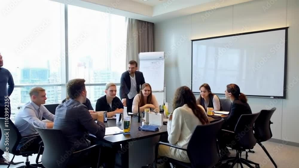 A dynamic corporate meeting showcasing teamwork and engagement among professionals in an office setting, focused on strategic planning. A dynamic corporate meeting showcasing teamwork and engagement among professionals in an office setting, focused on strategic planning.