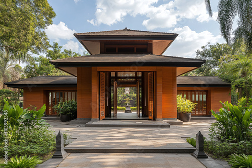 Traditional thai crematorium exterior with door open.