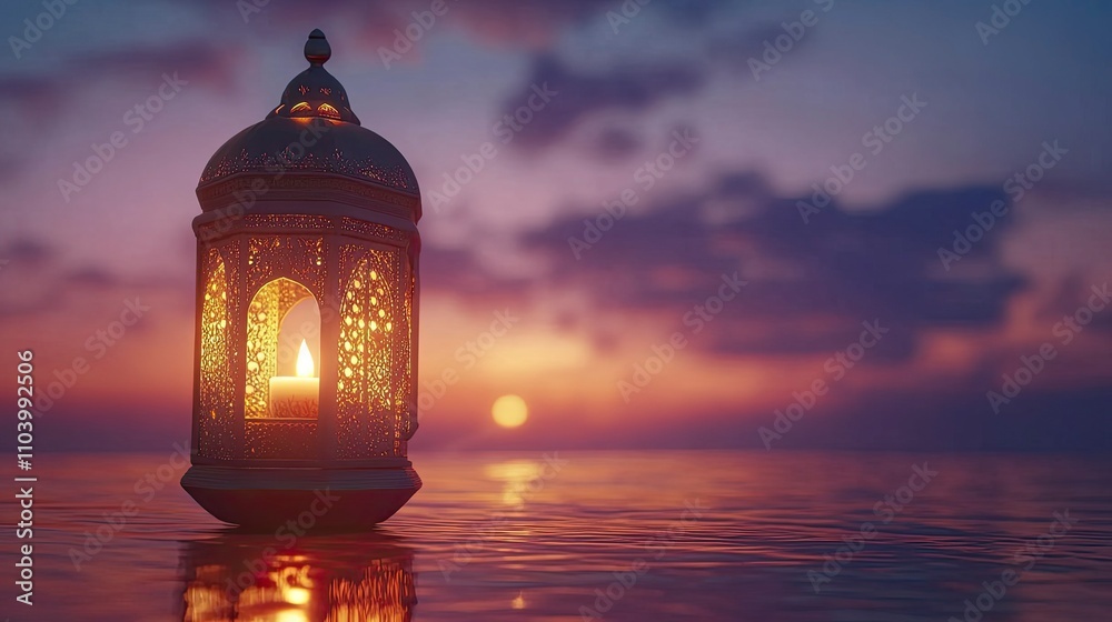 Muslim Holy Month Ramadan Kareem - Hias Arab Lantern Dengan Burning Candle Glowing At Evening Muslim Holy Month Ramadan Kareem - Hias Arab Lantern Dengan Burning Candle Glowing At Evening