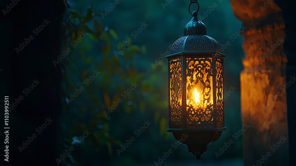 Muslim Holy Month Ramadan Kareem - Hias Arab Lantern Dengan Burning Candle Glowing At Evening Muslim Holy Month Ramadan Kareem - Hias Arab Lantern Dengan Burning Candle Glowing At Evening