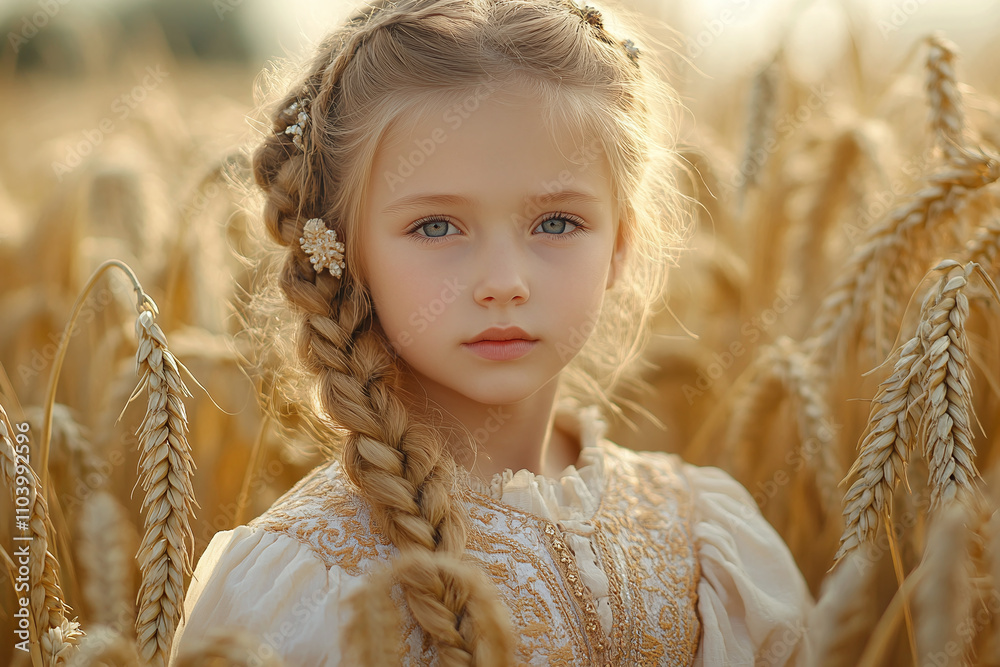 Young ukrainian girl in traditional embroidered dress amid golden wheat field. Young ukrainian girl in traditional embroidered dress amid golden wheat field.