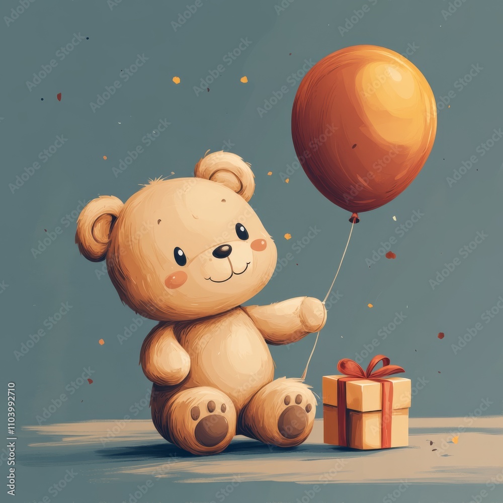 Birthday teddy bear, cartoon style, muted colors, flat, vector style