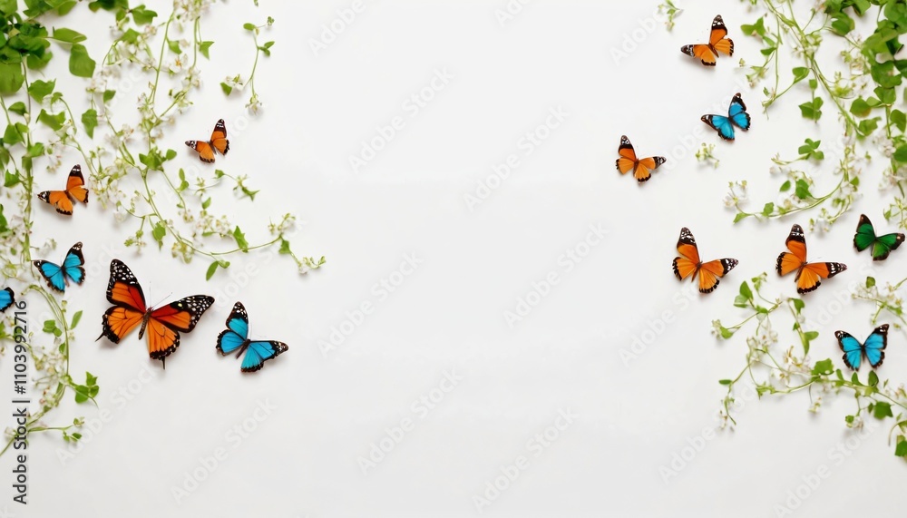 Fototapeta premium An artistic arrangement of colorful butterflies, green vines, and tiny blossoms 