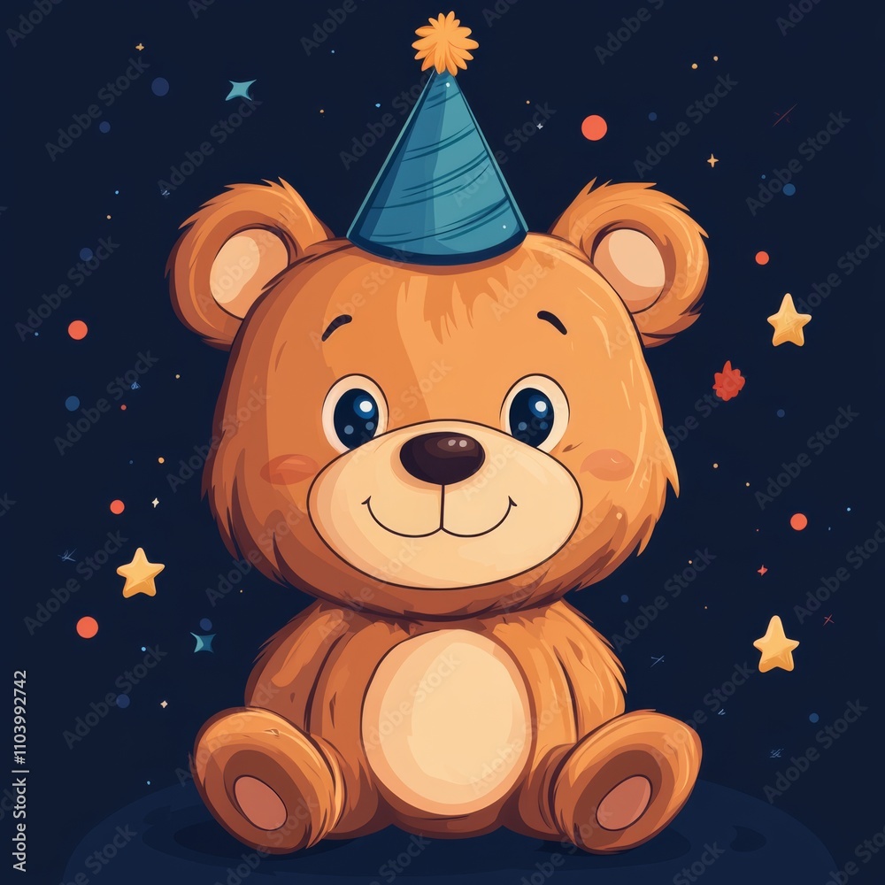 Birthday teddy bear, cartoon style, muted colors, flat, vector style