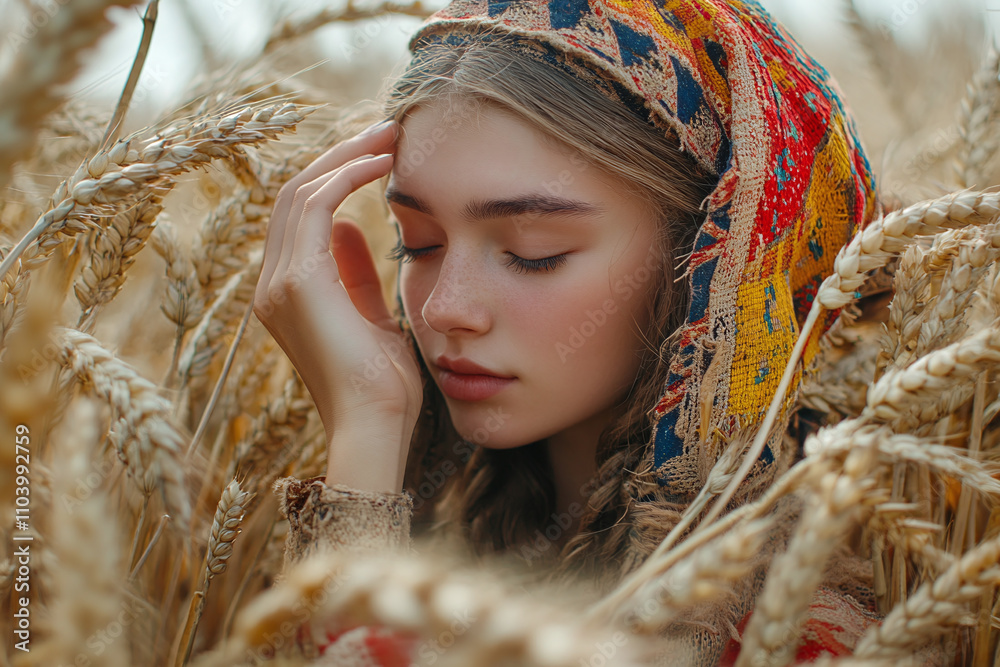 Young ukrainian dreamer touching ripening wheat wearing traditional costume. Young ukrainian dreamer touching ripening wheat wearing traditional costume.