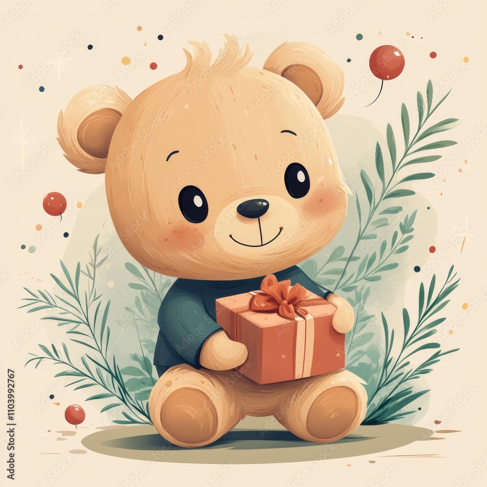 Birthday teddy bear, cartoon style, muted colors, flat, vector style