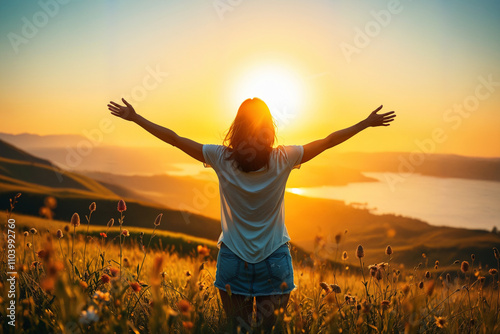 Frau breitet die Arme aus und freut sich über Urlaub und Freiheit im Sonnenlicht. photo